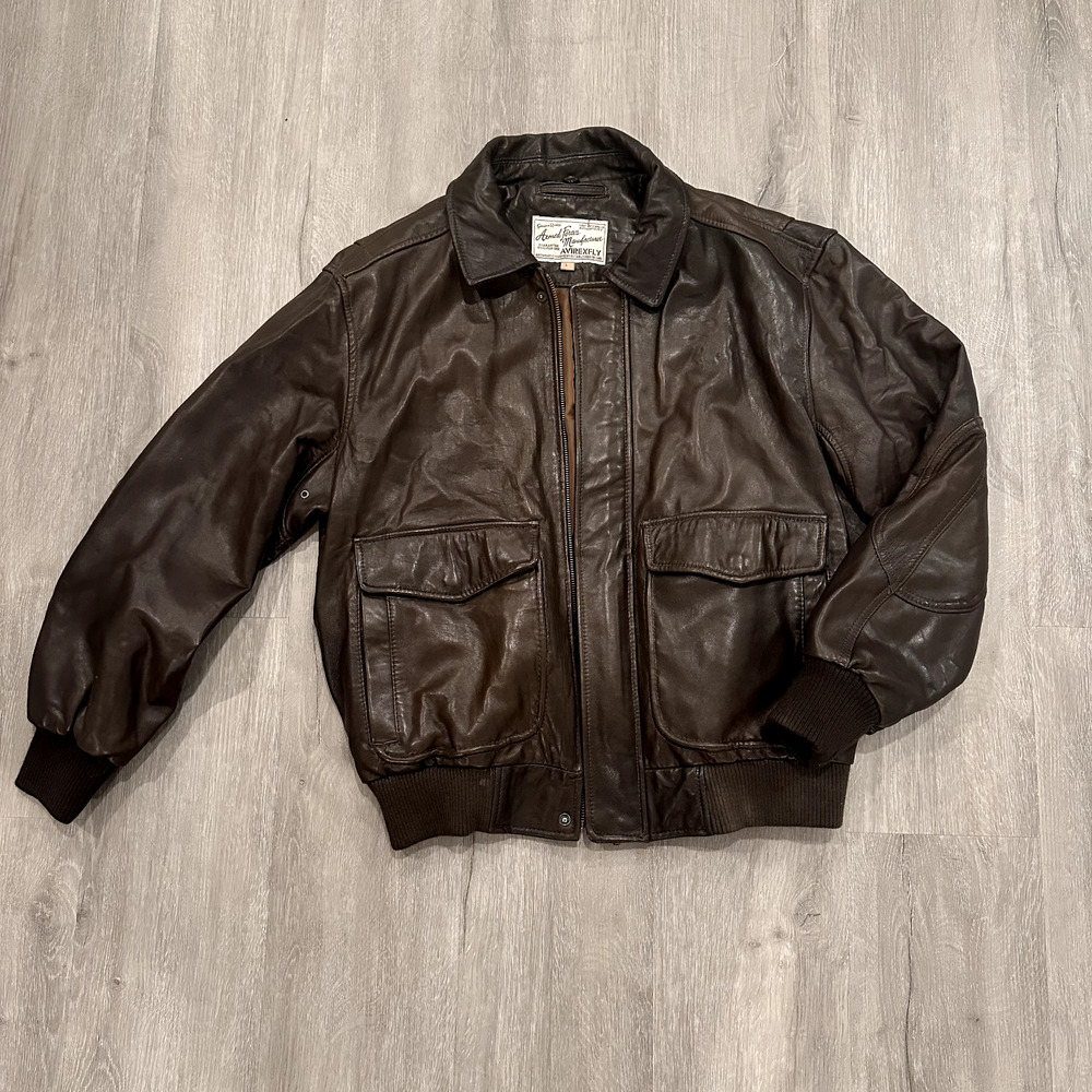 Armed Forces Brown AVIREXFLY Genuine Leather Bomber Pilot Jacket Mens L